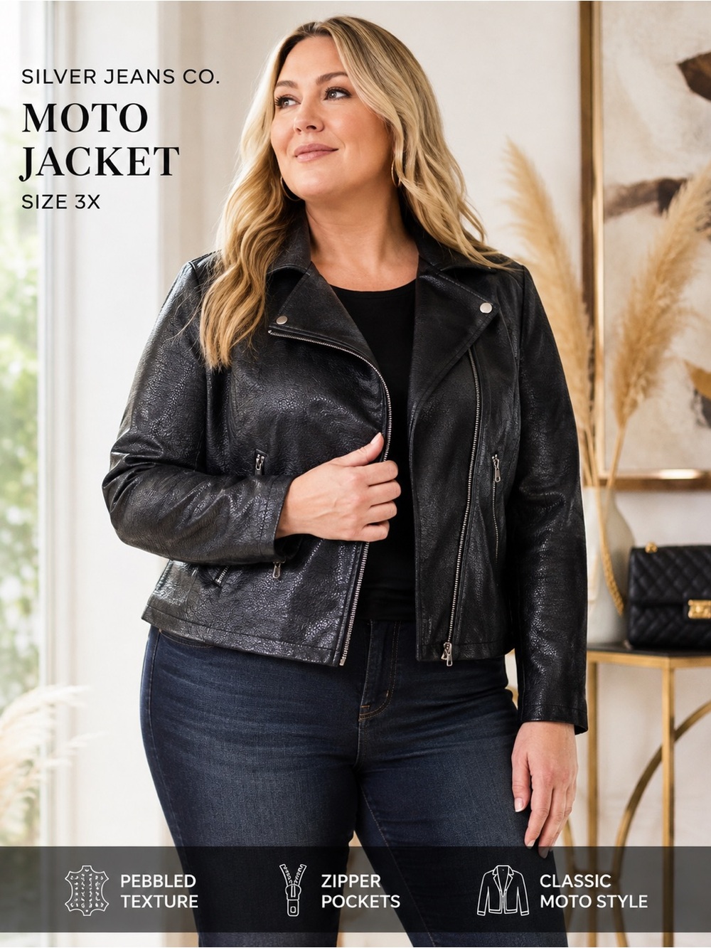 Silver Jeans Co Moto Jacket 3X Black Pebbled Faux Leather Biker Zip Plus Size 3x